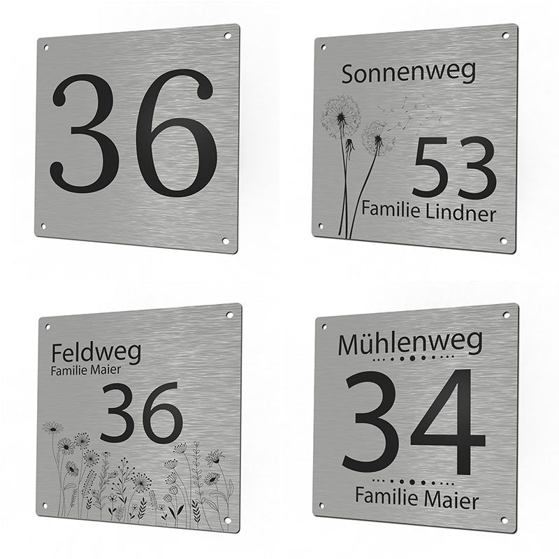 Hausnummer Schild Edelstahl mit Gravur, Hausnummern mit Gravur - Türschild aus Edelstahl mit Familienname - Hausnummer Stahl
