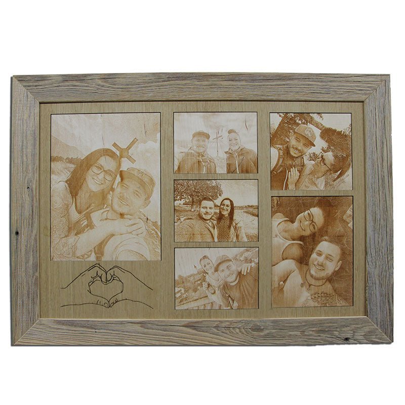 Handgefertigter Bilderrahmen aus Altholz mit persönlicher Fotogravur, natürliche Maserung, warmes Holz, einzigartiges Unikat