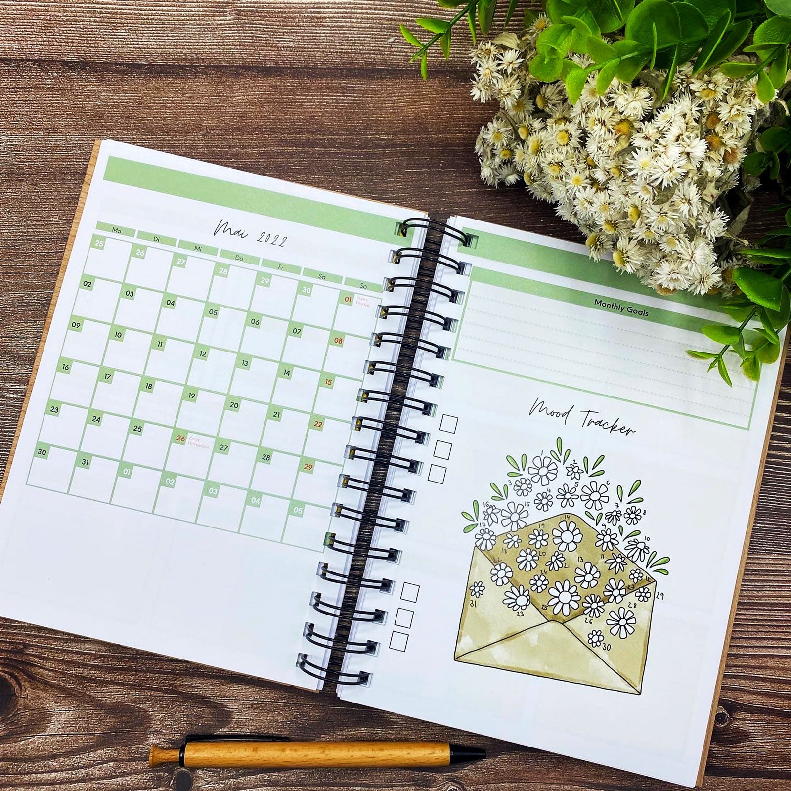 Notizbuch und Terminplaner | Wurmis-Holzdeko - Holzbuch mit Gravur, schönes Notizbuch aus Holz zum mitschreiben