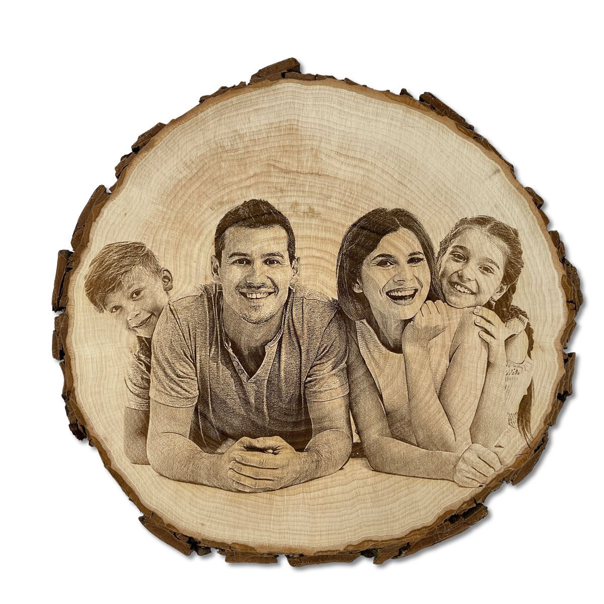 Baumscheibe mit Fotogravur, Holzscheibe graviert mit deinem Foto, persönliche Geschenkidee aus Holz