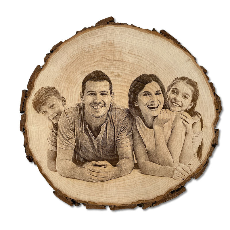 Baumscheibe mit Fotogravur, Holzscheibe graviert mit deinem Foto, persönliche Geschenkidee aus Holz
