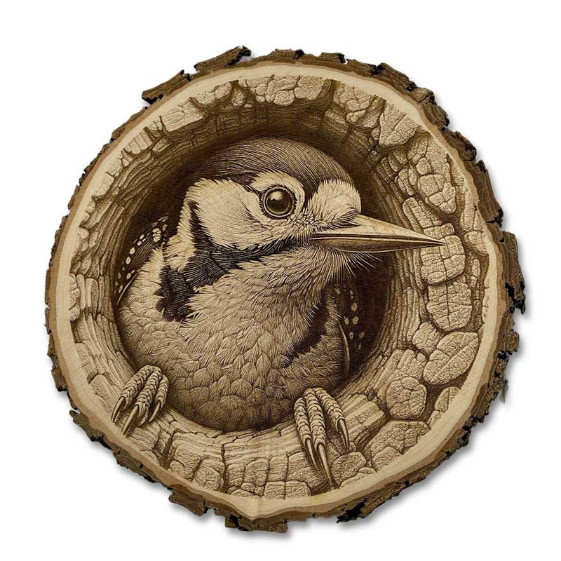 Baumscheibe aus Holz mit filigraner Gravur eines Waldtiers – handgemachte Naturdeko mit rustikalem Charme