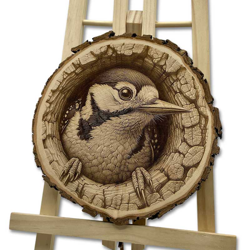 Gravur eines Spechts auf naturbelassener Baumscheibe – feine Handarbeit mit Tiermotiv aus Holz