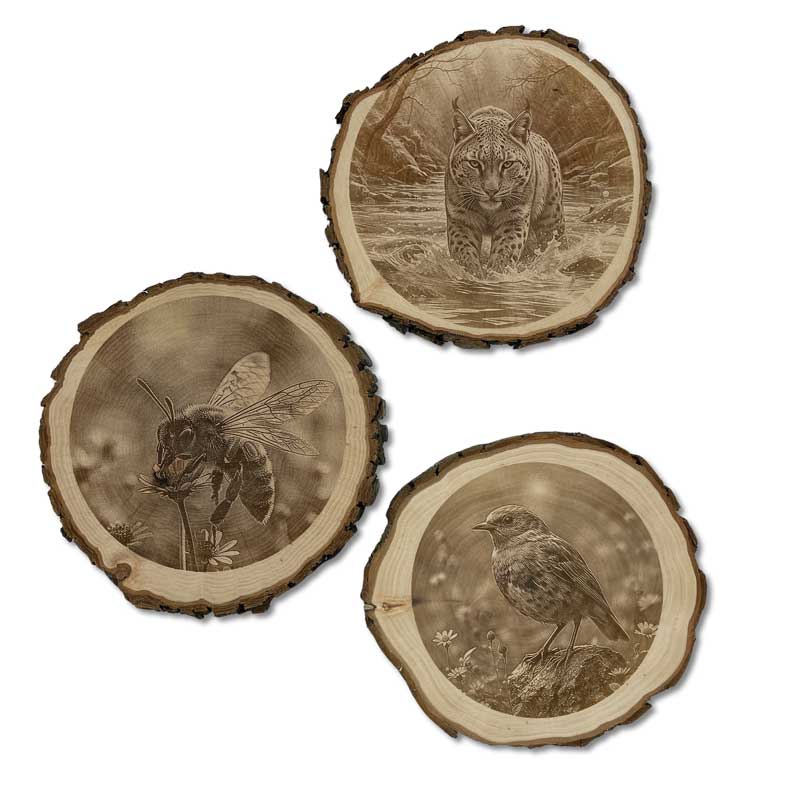 Verschiedene gravierte Baumscheiben mit Tiermotiven – einzigartige Naturdeko aus Holz mit individueller Gravur