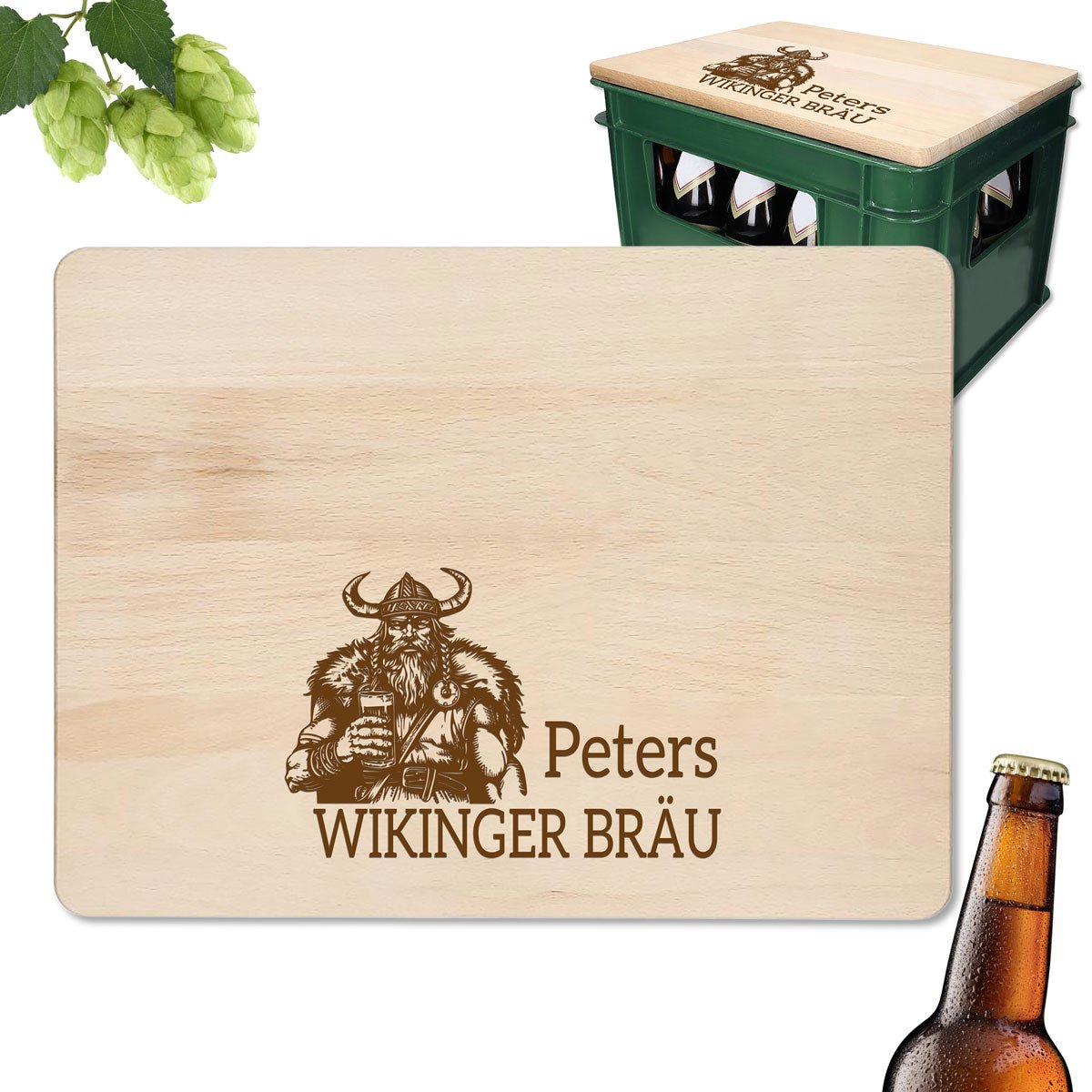 Stabiler Bierkistensitz aus Holz mit Wikinger-Helm und Trinkhorn-Motiv