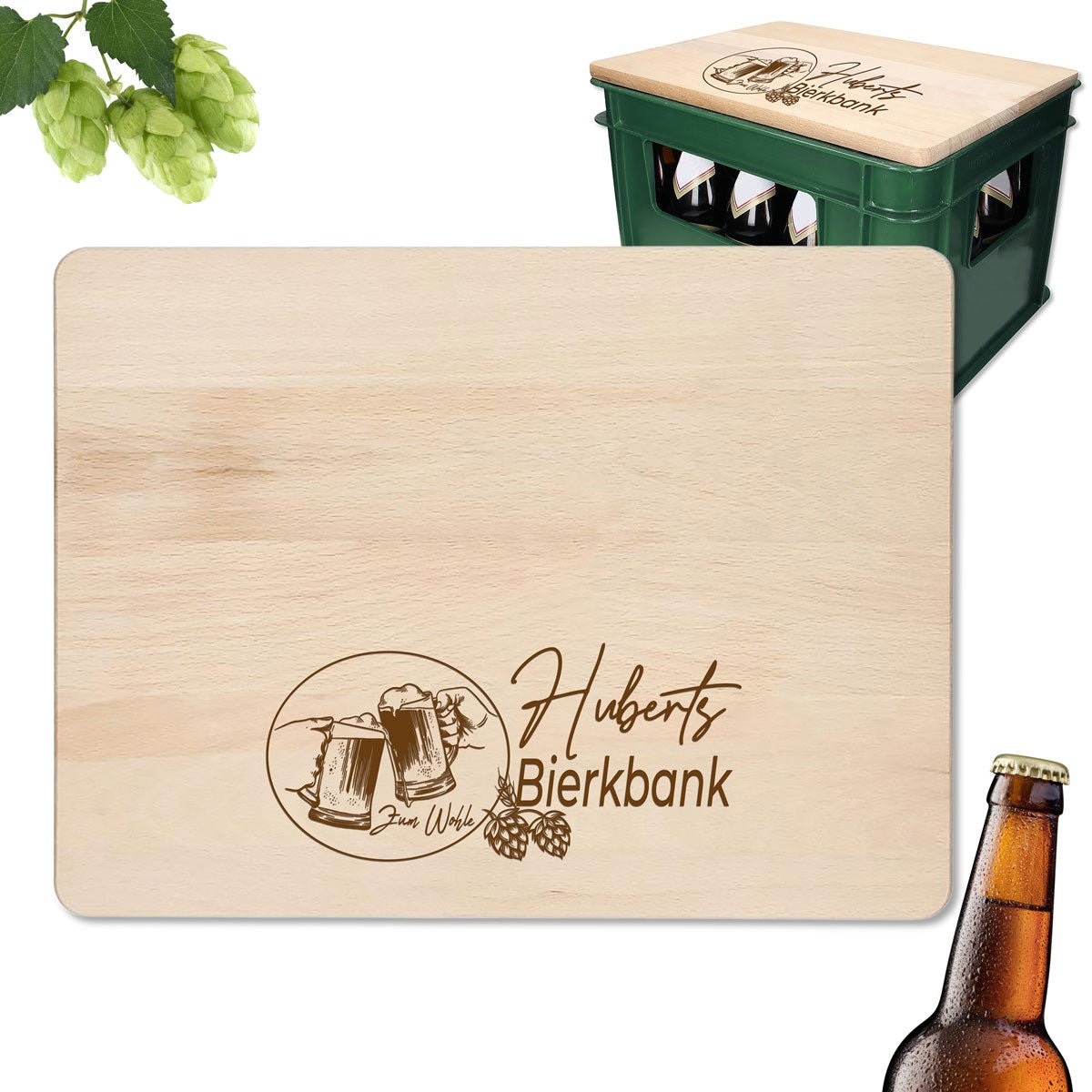 Stabiler Bierkistensitz aus Buchenholz mit Bierkrug-Motiv und Wunschname