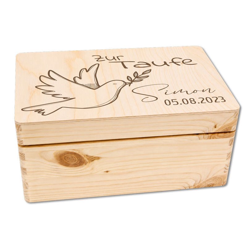 Personalisierte Taufbox aus Holz mit Taubenmotiv und Wunschgravur - Erinnerungsbox aus Holz