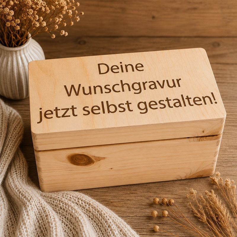 Erinnerungsbox aus Holz selbst gestalten und gravieren lassen - Holzkiste mit Klappdeckel und Gravur