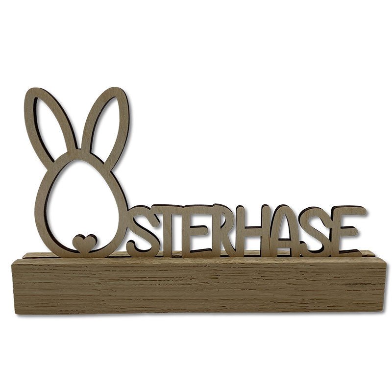 Osteraufsteller Schriftzug Osterhase mit Hasenform als O aus Holz - Osterdeko aus Holz