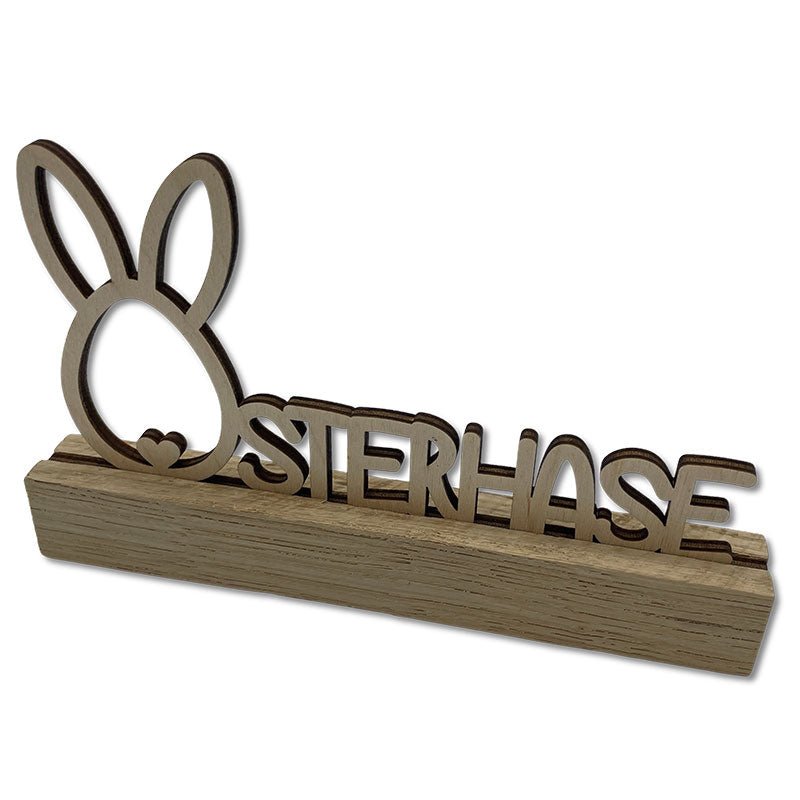 Holzaufsteller Osterhase mit Eichenholz-Sockel und Birkenholz-Schriftzug - Osterhase Holz kaufen