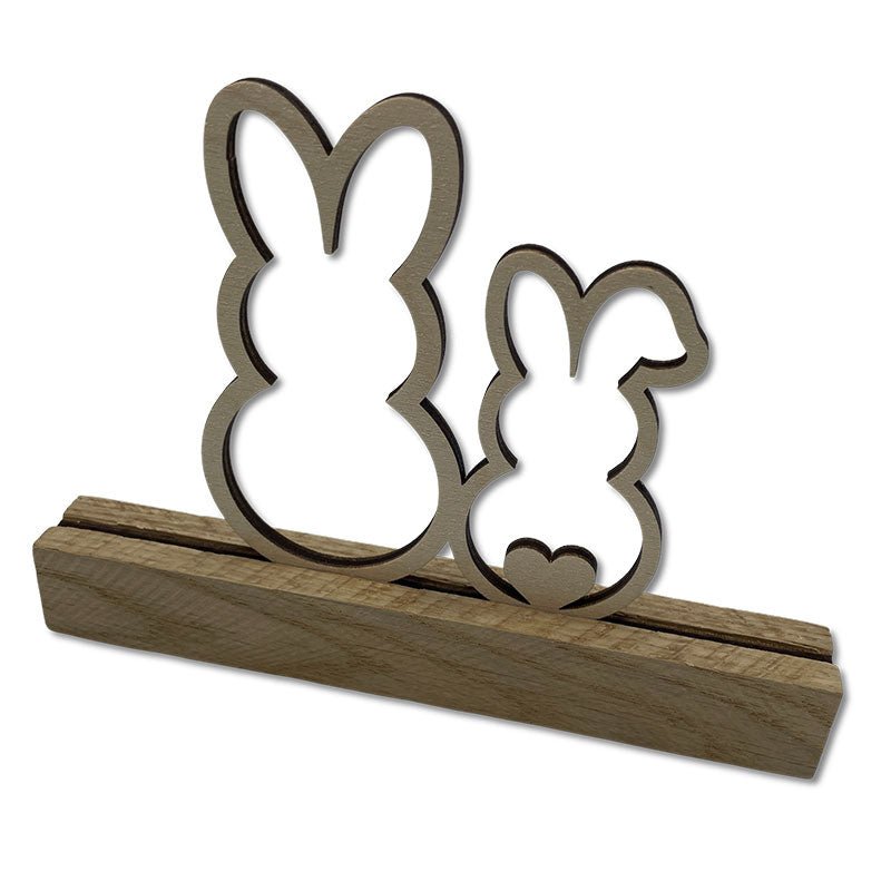 Holzaufsteller zwei Osterhasen Birkenholz im Eichenholz-Klötzchen - Osterdeko aus Holz