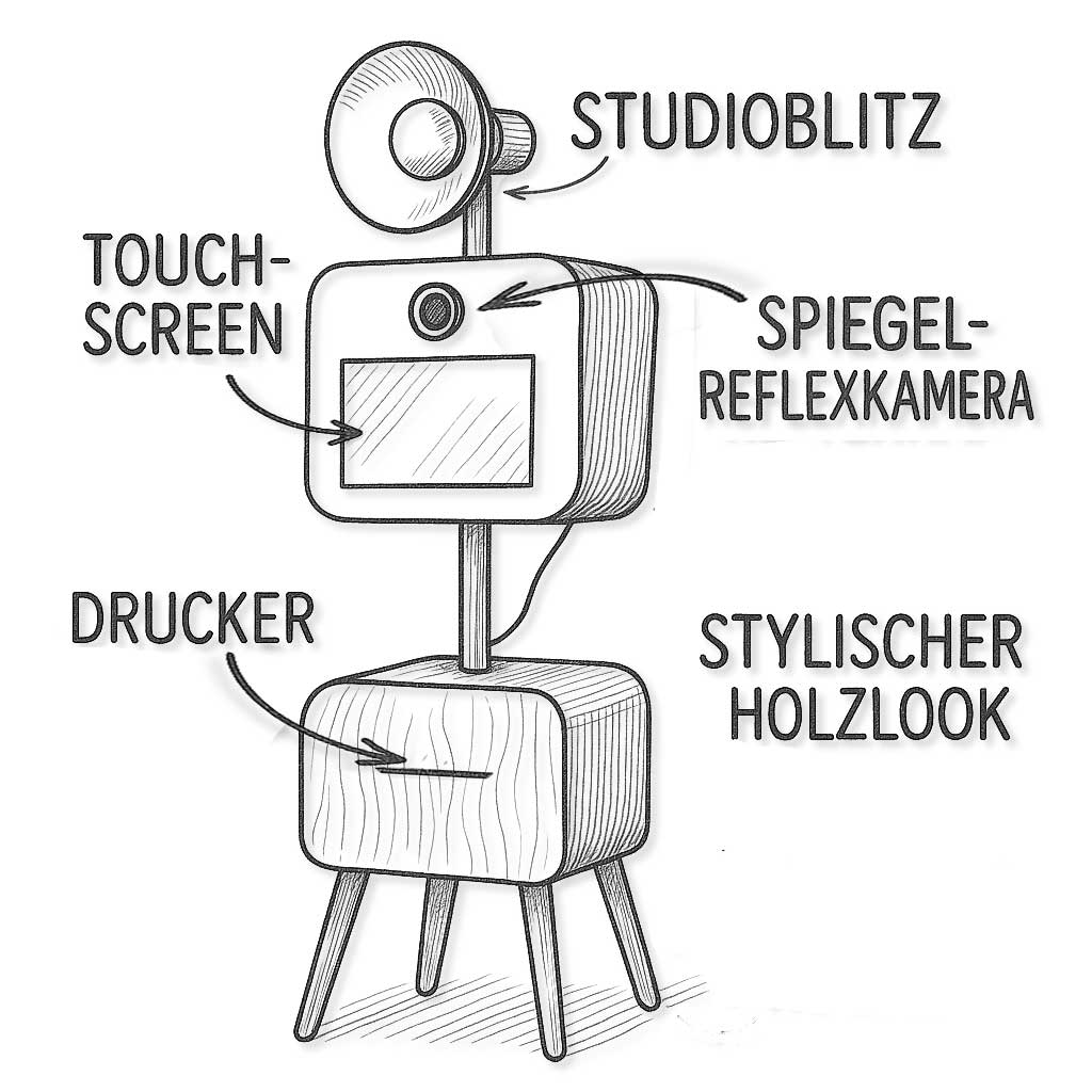 Hochwertige Fotobox im stilvollen Holzdesign mit Touchscreen, Spiegelreflexkamera, Studioblitz und integriertem Profi-Drucker – ideal für Events und Hochzeiten.