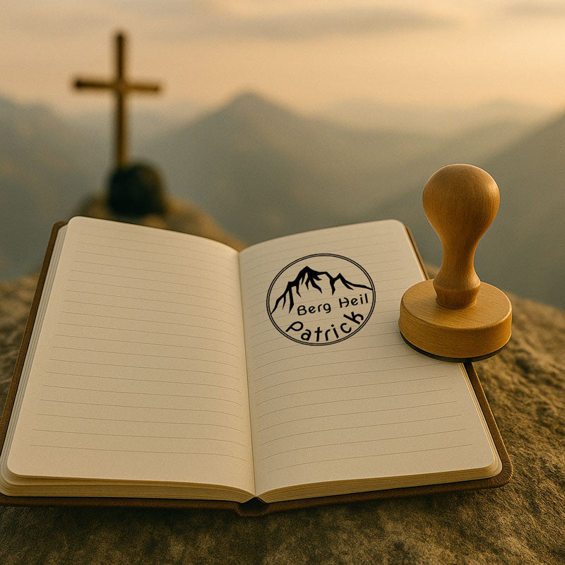 Gipfelbuch Eintrag mit Stempel - Gipfelkreuzstempel aus Holz