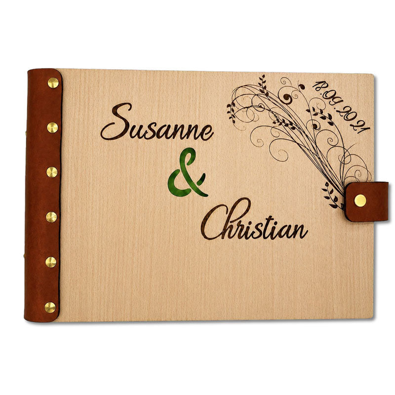Personalisierbares Hochzeit Gästebuch aus Leder und Holz mit Gravur auf dem Cover