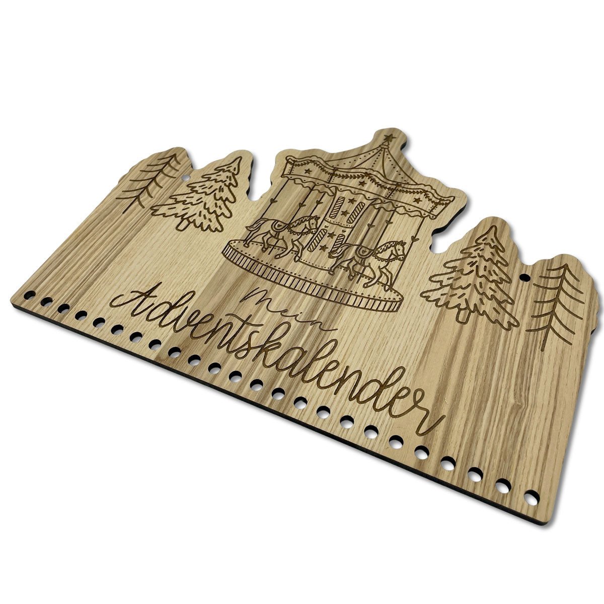 Personalisierbarer Adventskalender mit Karussell und Winterlandschaft aus Holz - Weihnachtsdekoration
