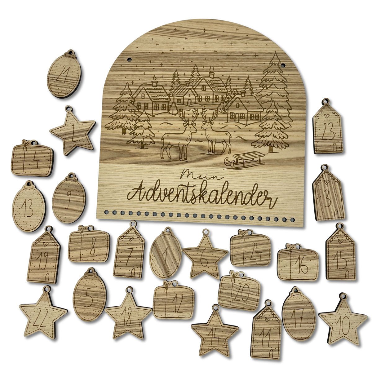 Personalisierbarer Holz Adventskalender mit gravierten Motiven und Ziffern, Weihnachtsdekoration