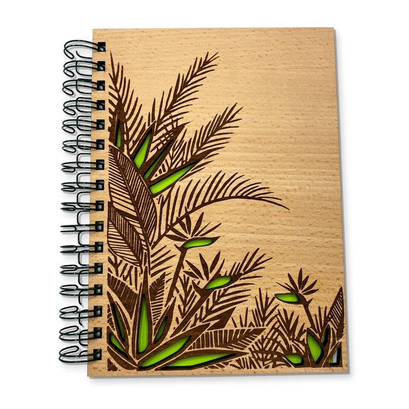 Notizbuch mit tropischem Jungle-Motiv auf Echtholzcover