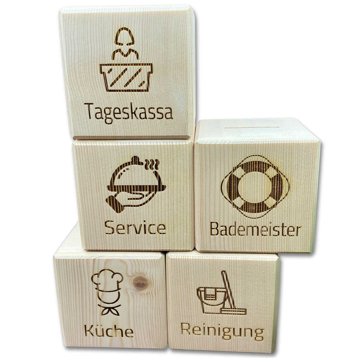 Spardose aus Holz mit Gravur und Firmenlogo