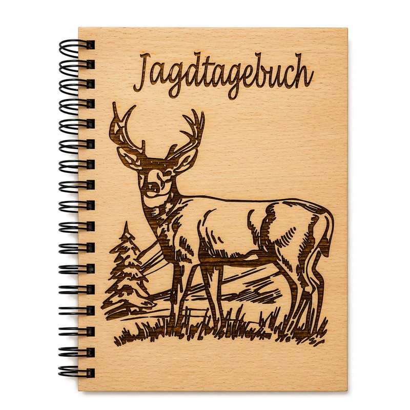 Jagdtagebuch aus Holz mit Hirsch als Gravur