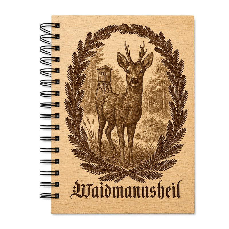 Jagdtagebuch mit Rehbock Gravur auf Holzcover – handgemacht