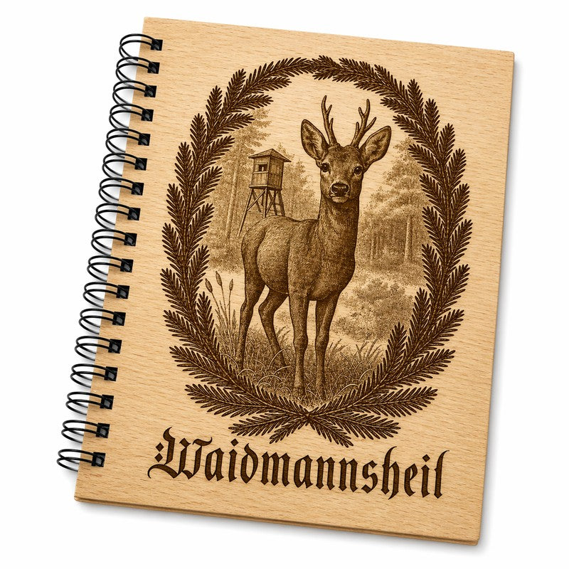 Detailansicht Rehbock-Gravur auf Jagdbuch mit Spiralringbindung