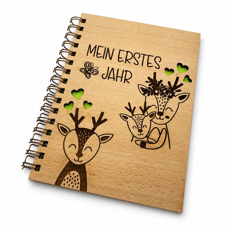 Erinnerungsbuch erstes Jahr Baby - Babytagebuch Rehlein Motiv - Holzbuch