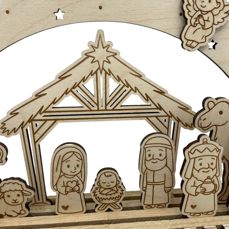 Gelaserte Weihnachtskrippe aus Holz – detailreiche Adventsdeko für Innenräume, liebevoll gestallte Krippenfiguren aus Holz