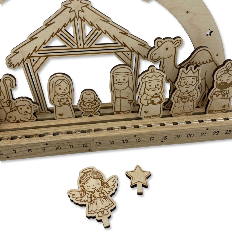 Detailreiche Krippe aus Holz mit Adventskalender Funktion als Weihnachtsdekoration