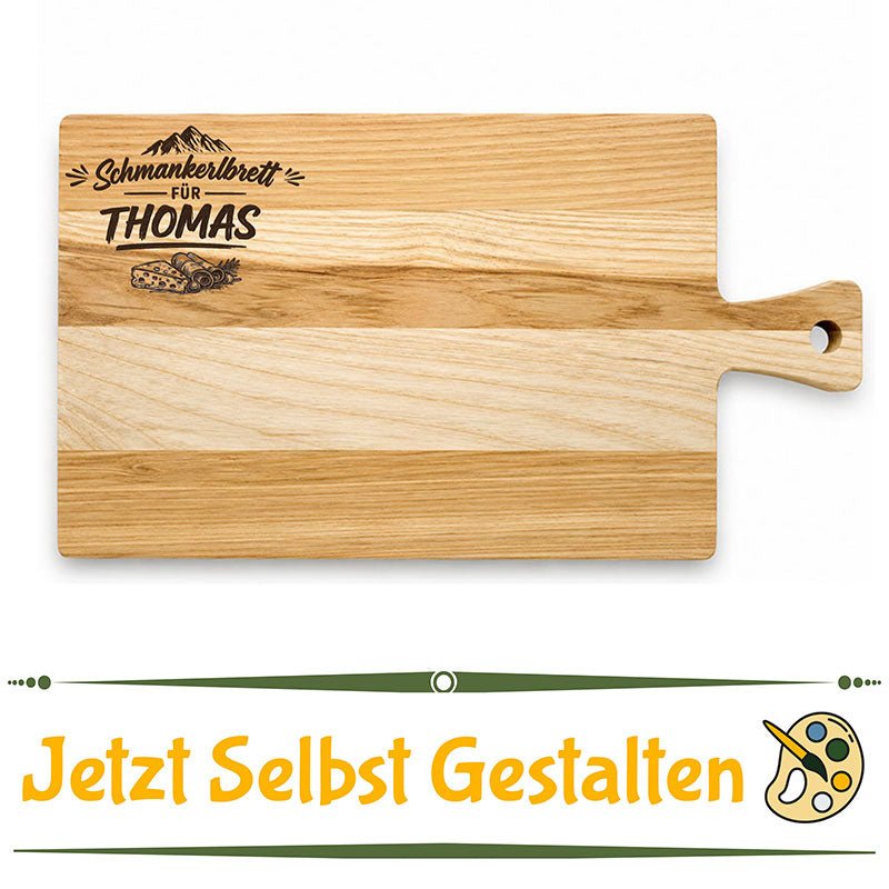 Personalisiertes Schneidebrett mit Griff aus massivem Eschenholz ganz einfach selbst online gestalten