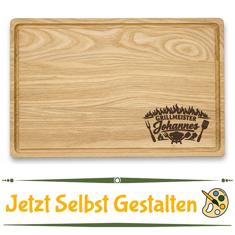 Personalisiertes Schneidebrett mit Saftrille aus massivem Eschenholz - Jausenbrett mit Gravur jetzt selbst Gestalten