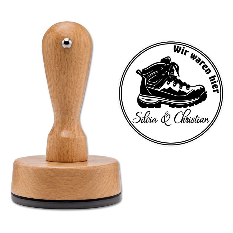 Personalisierter Holzstempel mit Wanderschuh-Motiv und Wunschtext, ideal für Wanderer und für Gipfelbucheinträge - Gipfelbuchstempel