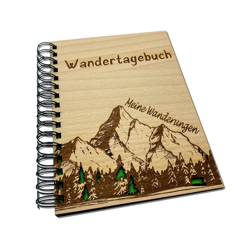Wandertagebuch aus Holz - Holzcover mit Bergmotiv Gravur