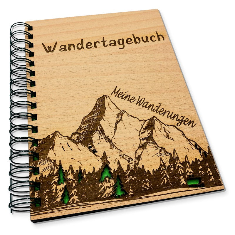 Wandertagebuch aus Holz - Holzcover mit Bergmotiv Gravur