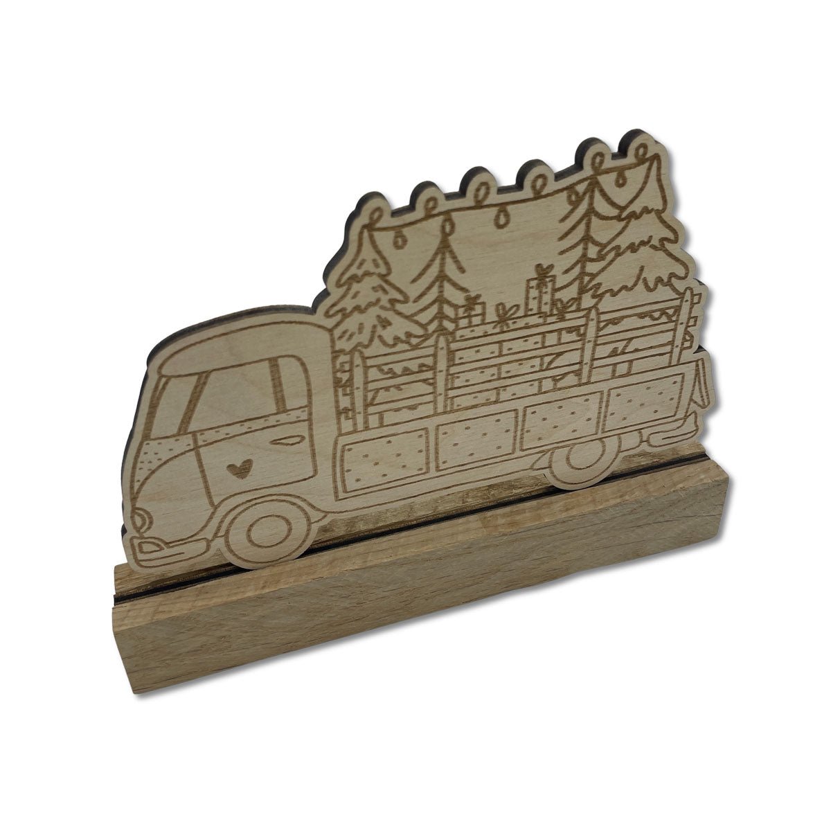 Weihnachtstruck Holzaufsteller mit Geschenken & Christbäumen – Wurmis-Holzdeko - Dekoration aus Eichenholzklötzchen - Eicheklotz