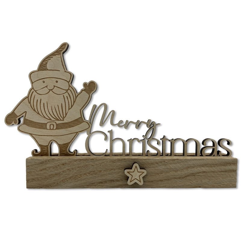 Holzaufsteller Merry Christmas mit Weihnachtsmann – nachhaltige Weihnachtsdeko aus Eichenholz Klötzchen