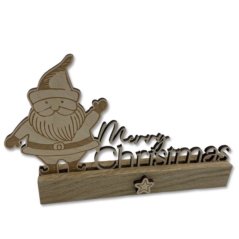 Detail Birkenholz Einschieber mit Weihnachtsmann und Merry Christmas Schriftzug als Weihnachtsdekoration aus Holz