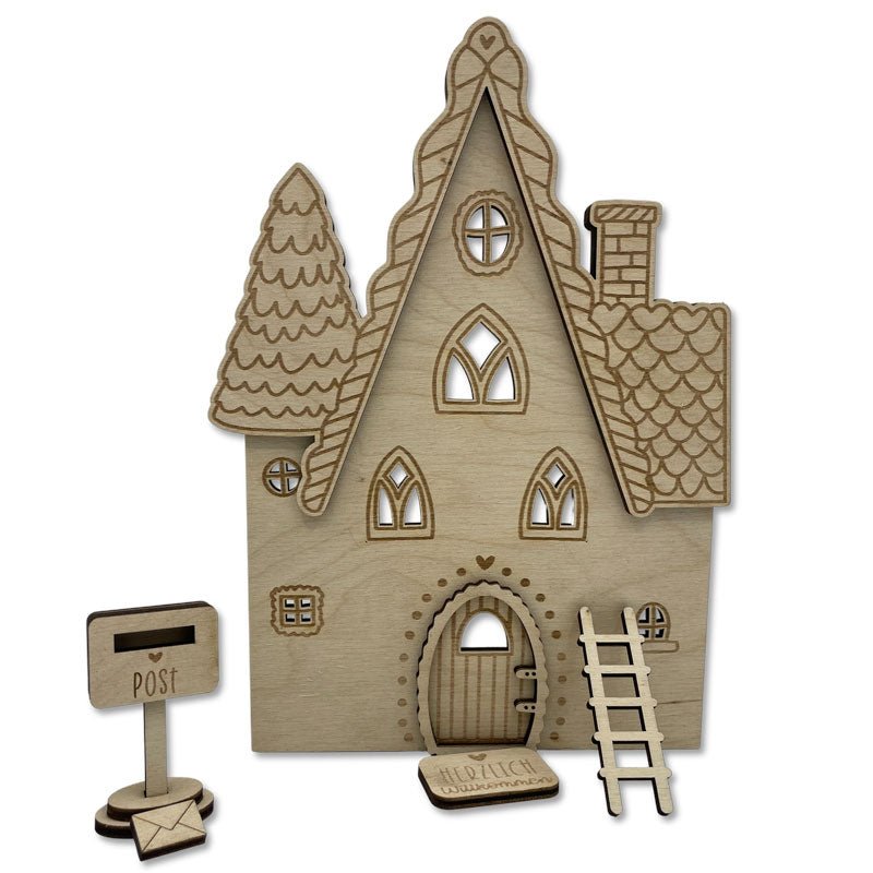 Wichtelhaus-Set aus Holz mit Wichteltür, Leiter, Postkasten, Brief und Willkommen-Schild - Set zum Wichteln