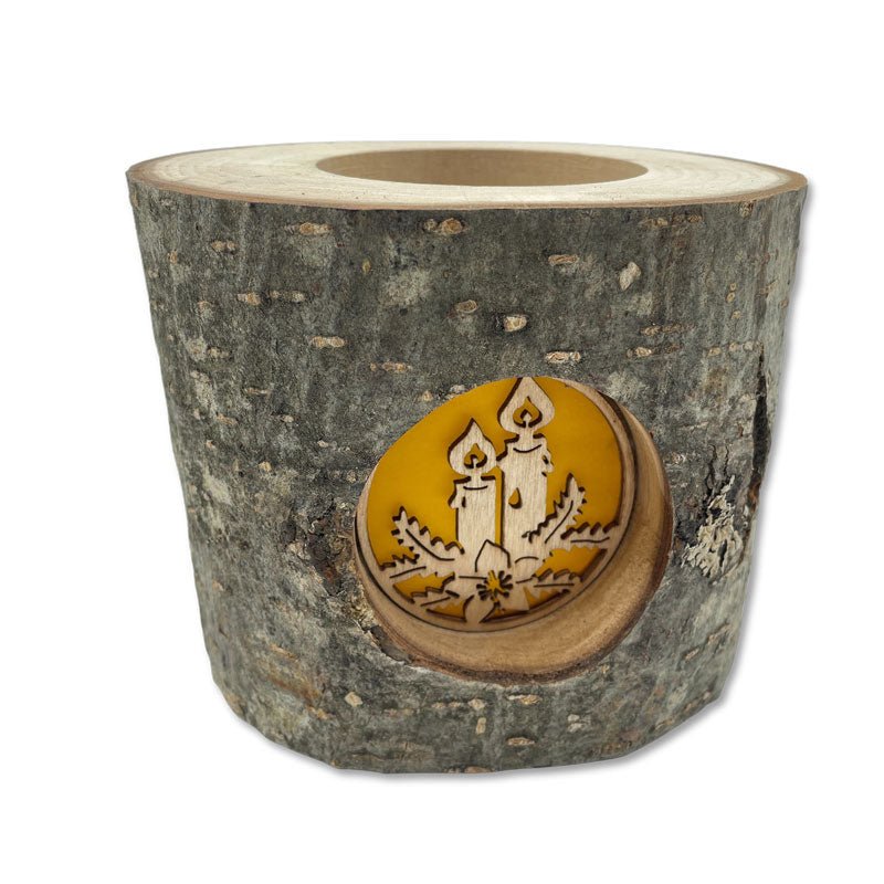 Baumstamm-Windlicht mit Rinde und zwei Kerzen Ornament, Adventsbeleuchtung für die Weihnachtsdeko