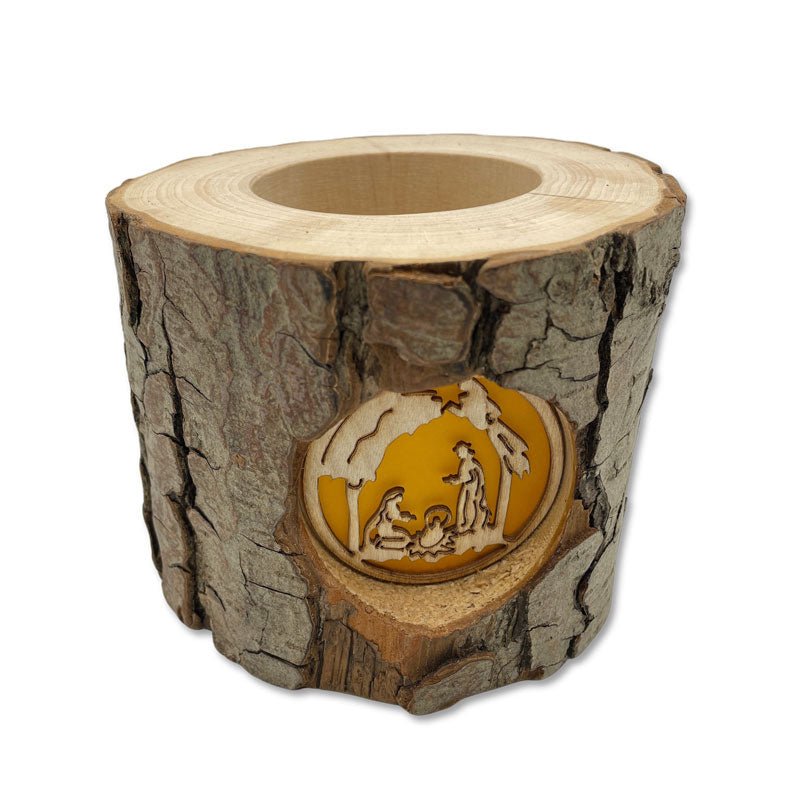 Baumstamm-Windlicht mit Rinde und Motiv Heilige Familie, Krippenszene mit Teelicht - hinterleuchtetes Motiv
