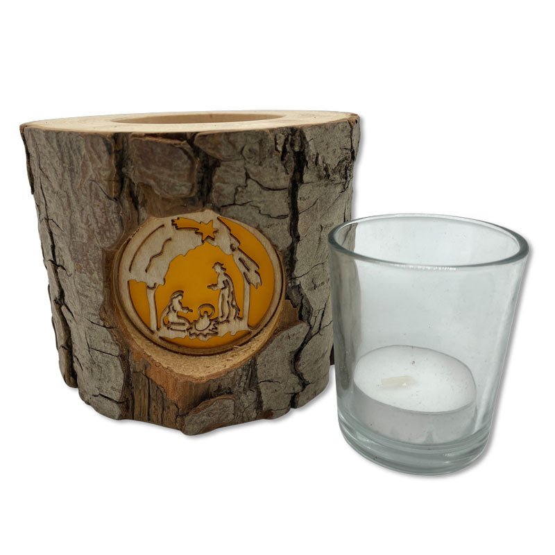 Holz-Windlicht mit Hl. Familie, weihnachtliche Deko inkl. Glaseinsatz, Baumstamm Windlicht aus Holz