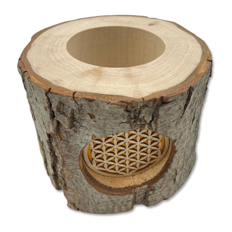 Dekoratives Baumstamm-Windlicht mit Ornament Lebensblume, stimmungsvolle Deko, Windlicht mit Blume des Lebens Motiv