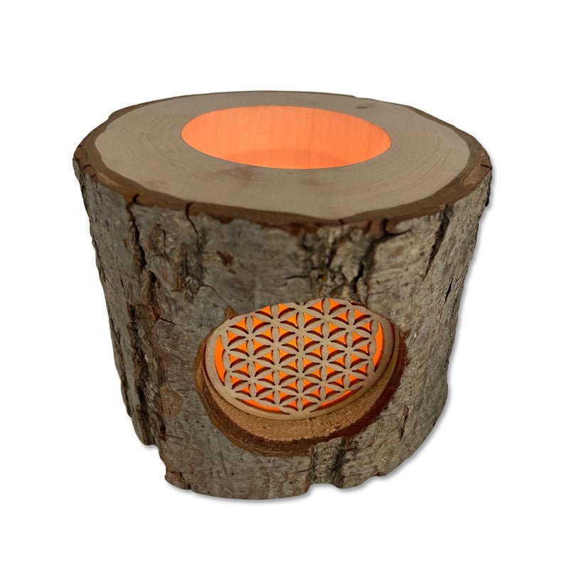 Natürliches Windlicht mit Rinde und Motiv Flower of Life, spirituelle Dekoration, Holz-Windlicht aus einem Baumstamm