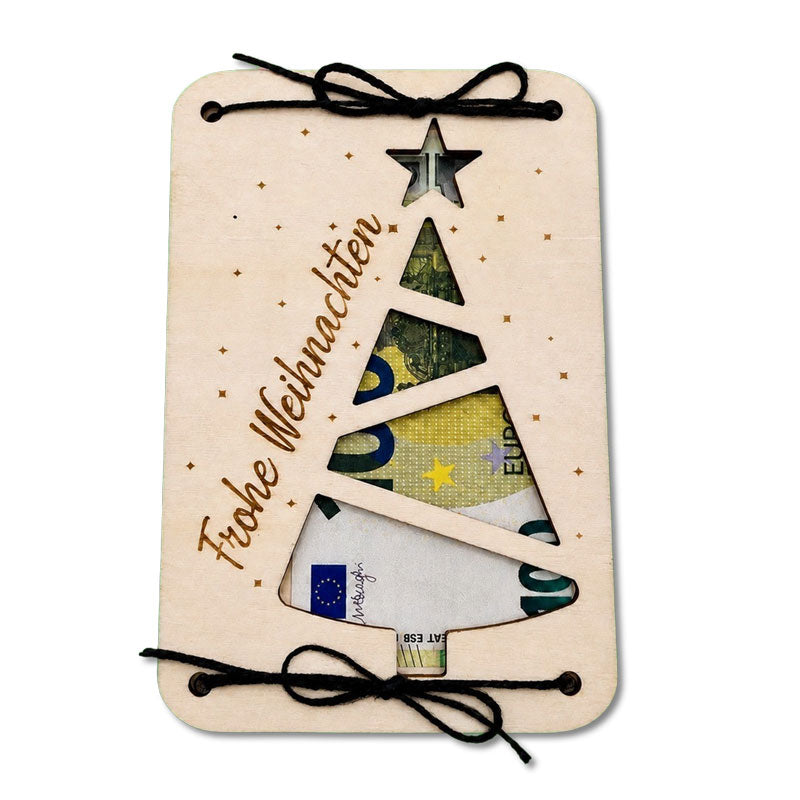 Geldgeschenk zu Weihnachten aus Holz mit Tannenbaum aus Geldscheinen und Gravur „Frohe Weihnachten“