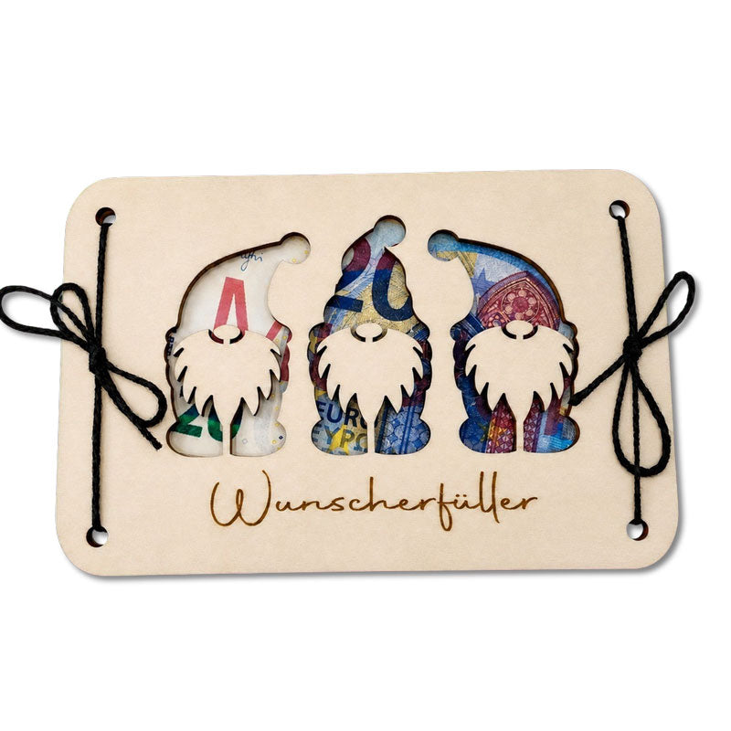 Wunscherfüller aus Holz als Weihnachts-Geldgeschenk mit drei Wichteln aus Geldscheinen