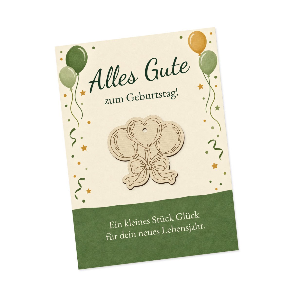Drei Luftballons mit Schleife auf Geburtstagskarte mit grünen und goldfarbenen Ballons
