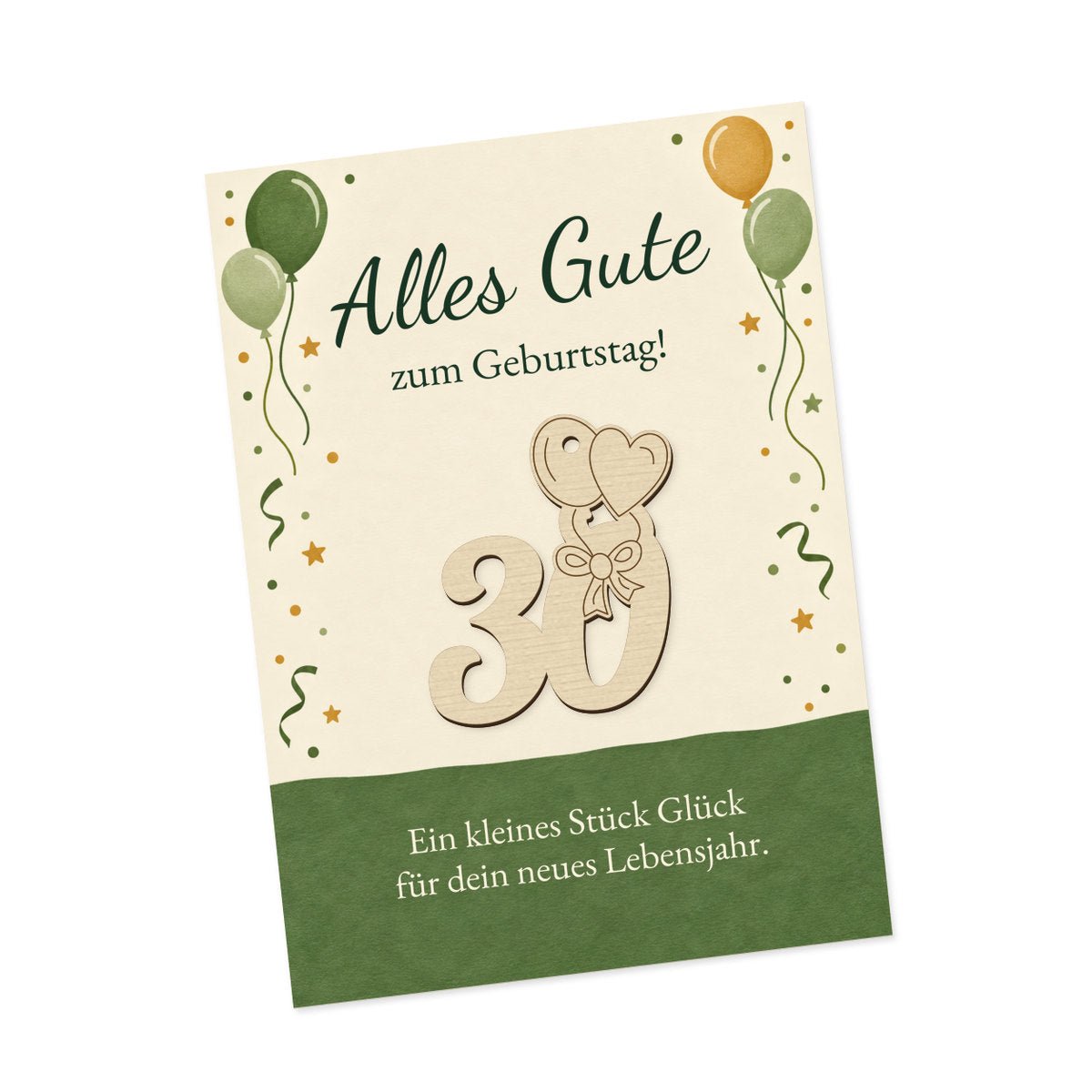 Holzzahl 30 auf Geburtstagskarte mit grünen und goldfarbenen Ballons