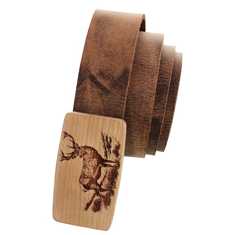 Ledergürtel mit Holzschnalle – Hirsch - Wurmis - Holzdeko
