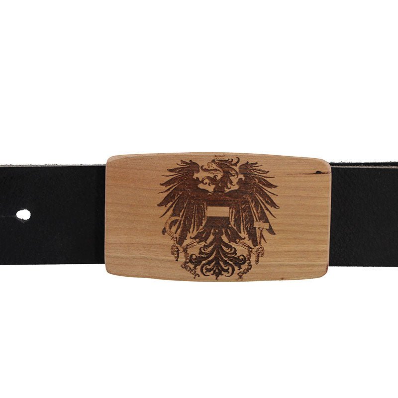 Ledergürtel mit Holzschnalle – Österreich Wappen - Wurmis - Holzdeko
