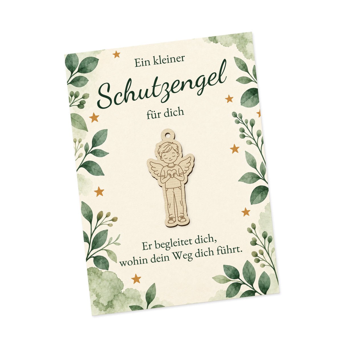 Engeljunge mit Flügeln und Herz auf heller Karte mit grünem Blätterrahmen