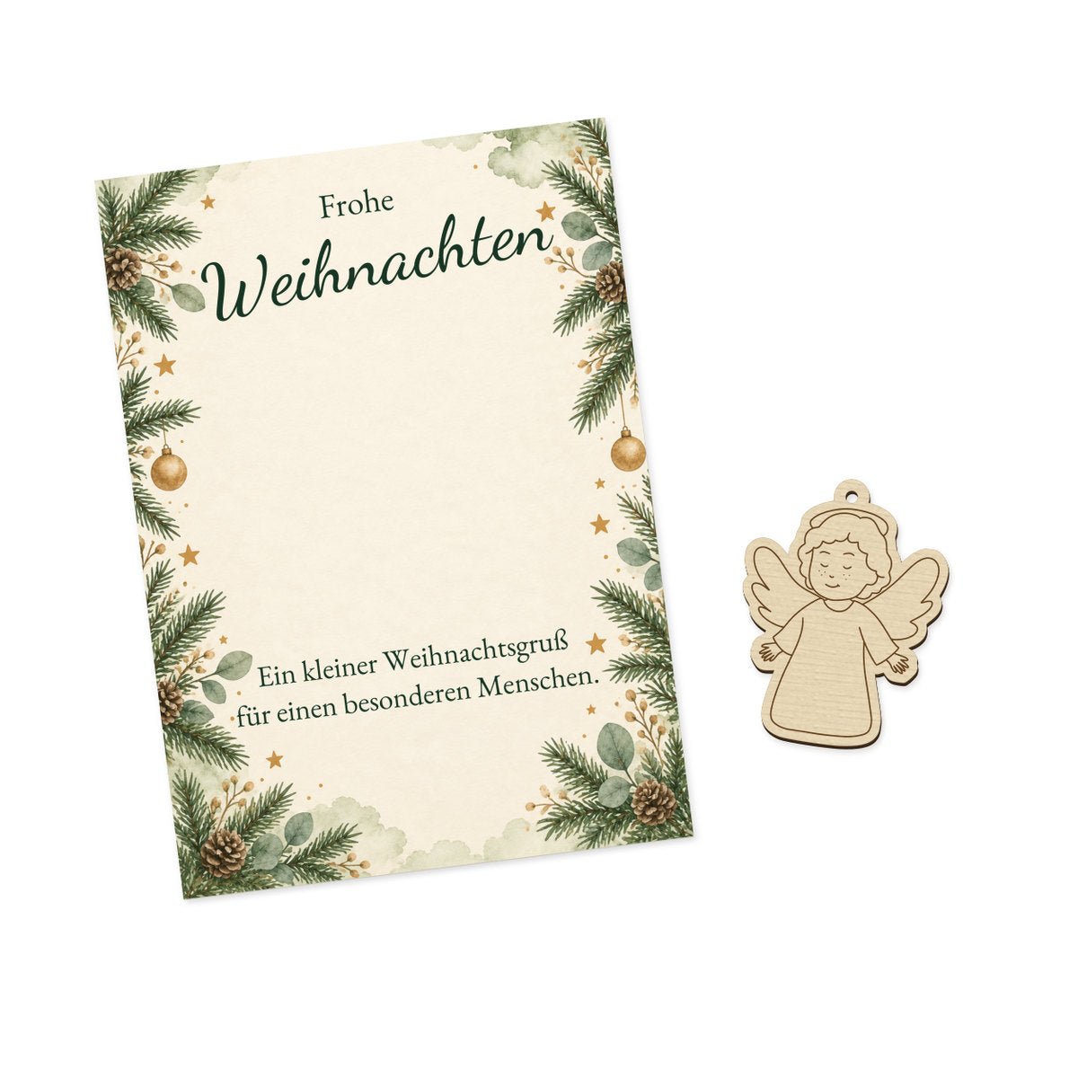 Weihnachtskarte mit Holzmotiv und Christkind mit Flügeln und langem Gewand nebeneinander auf weißem Hintergrund